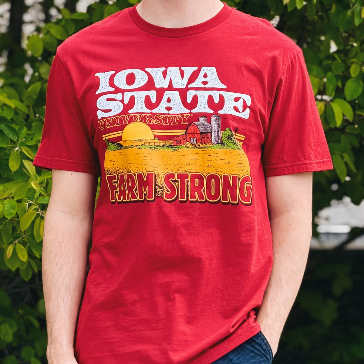 College House Iowa State Cardinal Farmstrong Sunrise ISF26 Short Sleeve T-Shirt close up of design